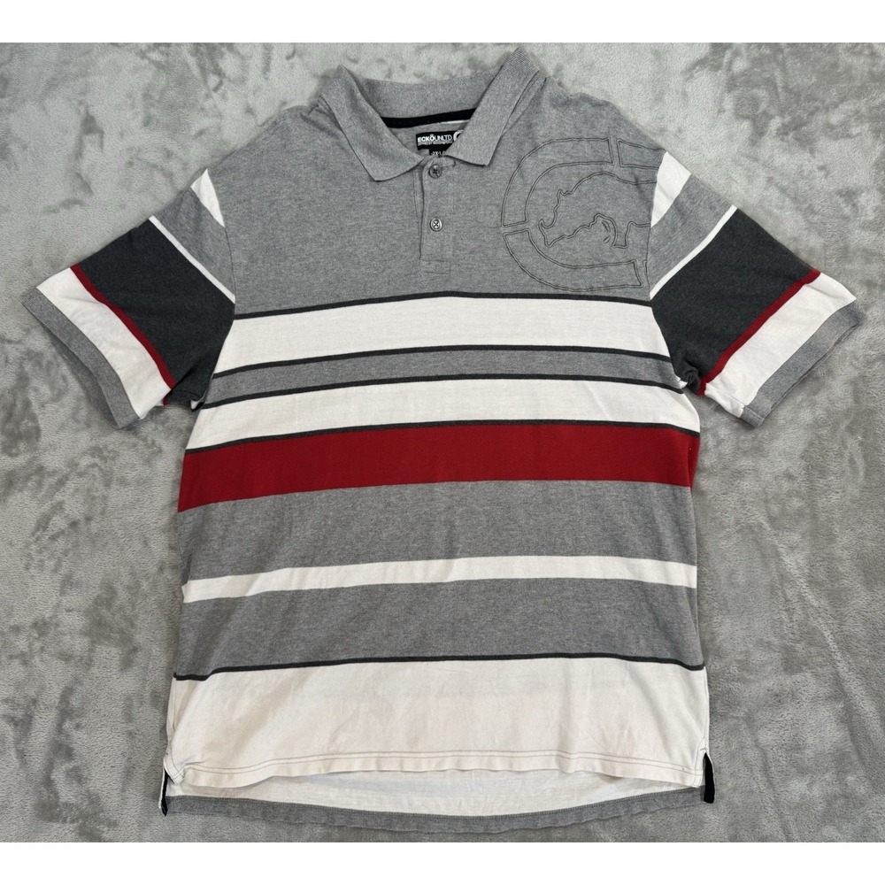 Ecko‎ Unltd Shirt Mens 2XL Gray White Red Striped Rhino Big Logo Embroidered Y2K
